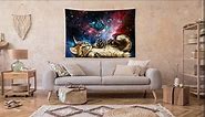 LB Cat Butterfly Tapestry, Neblua Galaxy Starry Night Sky Tapestry Wall Hanging, Fantasy Cool Kittee Playing with Teal Butterflies Wall Art for Bedroom Living Room Dorm Home Decor, 60 x 40 Inch
