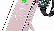 Magnetic Wireless Power Bank with Apple Watch Charger, 10000mAh Fast Charging Portable Charger Battery Bank w/Foldable Stand for MagSafe iPhone 12/13/14/15 Series & Apple Watch - Pink