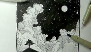 Pen & Ink Drawing Tutorials | How to draw a night sky landscape with moon, stars & clouds