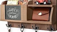 Rebee Vision Farmhouse Key and Mail Holder for Wall with Shelf : Decorative Mail Organizer with Removable Chalkboard and 4 Anchor Hooks - Rustic Home Decor for Enrtyway, Apartment(Retro Brown)