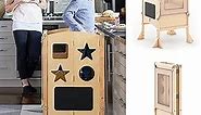 Guidecraft Classic Kitchen Helper® Stool and 2 Keepers - Natural: Wooden Adjustable Height, Folding Kitchen Step Stool for Toddlers, Chalkboard and Whiteboard Message Boards, Supports Up to 125lbs