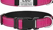 Taglory Personalized Dog Collars for Medium Dogs, Custom Reflective Dog Collar with Name Plate, Padded Pet Collar with Engraved Slide on ID Tags, Hot Pink