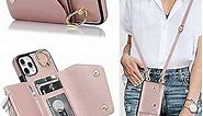 for iPhone 11 Pro Max Case Wallet with Strap for Women,Crossbody Lanyard and Wristlet Strap,Zipper Pocket,Credit Card Holder,Stand Ring,Phone Wallet Cases(6.5 inch,Pink)