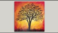 Sunset Tree Silhouette Painting / Easy Landscape Painting / Acrylic Painting Demo