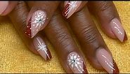 Acrylic Color Powder Nails Nude and Red and Snowflakes Designs for Beginners