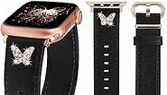 W-RARA Leather Bands Compatible with Apple Watch Band 42mm 44mm 45mm 49mm(Ultra) Women, Dressy Leather Wristband Elegant Butterfly Charms Metal Diamonds Decor for iWatch Series 8 SE 7 6 5 4 3 2 1