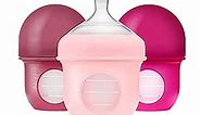 Boon Nursh Reusable Silicone Baby Bottles with Collapsible Silicone Pouch Design - Everyday Baby Essentials - Stage 1 Slow Flow Baby Bottles - Pink - 4 Oz - 3 Count