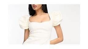 ASOS DESIGN denim mini dress with puff sleeves in white | ASOS