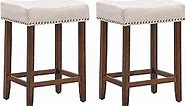 ERGOMASTER Counter Height Bar Stools Set of 2 Backless Fabric Barstools 24-Inch Modern Wood Saddle Bar Stools with Nailhead Trim for Kitchen Island Counter Tabel - Beige/Brown,2-Pack