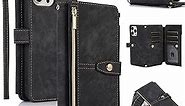 UEEBAI Case for iPhone 14 Pro Max 6.7 inch, 9 Card Slots Retro Leather Wallet Shockproof Flip Cover with Hand Strap Card Slots Zipper Pocket Kickstand Handbag Magnetic Closure - Retro Black