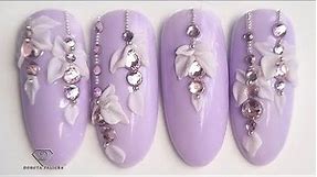 3D acrylic nail art. Snowdrops 3d nail art with crystals placement.