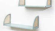 [PJ Collection] Decorative Wooden Wall Shelf with Rattan, Set of 2, Floating Shelves, Wall Mount, Wall Shelf, Rustic Wood Wall Storage Shelves, Sturdy Floating Shelves (Blue)