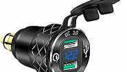 DaierTek DIN Hella Plug to Dual USB Charger Adapter for BMW Triumph Tiger Ducati Motorcycle Quick Charge QC 3.0 Powerlet Waterproof with Blue LED Voltmeter