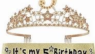 5th Birthday Sash and Tiara for Girls - Fabulous Glitter Sash + Starry Sky Rhinestone Gold Premium Metal Tiara for Girls, 5th Birthday Gifts for Princess Party