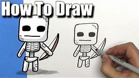 How To Draw a Cute Cartoon Minecraft Skeleton - EASY Chibi - Step By Step - Kawaii