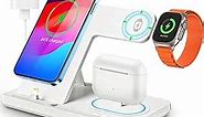 Charging Station, 3 in 1 Fast Charging Stand Dock for Apple: iPhone 14 13 12 11 Pro X Max XS XR 8 7 Plus 6, Apple Watch, AirPods, 18W Adapter, USB Type C, White, Charging Adapter