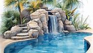 DESSIN PLAN PISCINE DECOR PAYSAGÉ Un chef-d'œuvre naturel où la sophistication rencontre la beauté naturelle. La piscine s'intègre harmonieusement à son environnement paysager, entourée de palmiers luxuriants et d'une végétation luxuriante. La cascade, telle une œuvre d'art en mouvement, verse ses eaux cristallines dans la piscine, créant une symphonie visuelle et sonore d'une beauté saisissante. #plan #dessin #piscine #lagon #paysagiste #decor #faux #rocher #cascade | Jore jardins piscine lagon