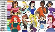 Disney Princess Coloring Book Compilation 10 Princesses Ariel Merida Aurora Elena Jasmine Tiana