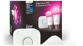 Philips Hue Smart Light Starter Kit - Includes (1) Bridge and (2) 60W A19 LED Bulb, White and Color Ambiance Color-Changing Light, 800LM, E26 - Control with App or Voice Assistant