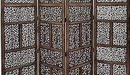 Benjara Hand Carved Foldable 4-Panel Wooden Partition Screen/Room Divider, Brown