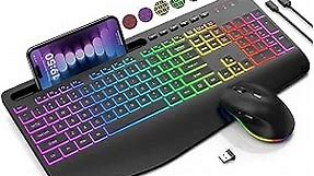 Wireless Keyboard and Mouse Combo, 9 Backlit Effects, Wrist Rest, Phone Holder, 2.4G Lag-Free Ergonomic Keyboards, Rechargeable Silent Cordless Set for Computer, Laptop, PC, Mac, Windows -SABLUTE