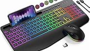 Wireless Keyboard and Mouse Combo, 9 Backlit Effects, Wrist Rest, Phone Holder, 2.4G Lag-Free Ergonomic Keyboards, Rechargeable Silent Cordless Set for Computer, Laptop, PC, Mac, Windows -SABLUTE