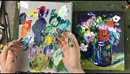 Impressionist Grown Up Finger Painting with Paul Cezanne Flowers in a Vase Using Acrylic Paint