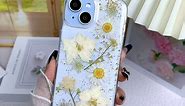 for iPhone 14 Plus/iPhone 15 Plus Case Clear with Real Pressed Flowers Design Glitter Cute Sparkly Floral Pattern Slim Soft TPU Protective Women Girl's Phone Cover (Gold)