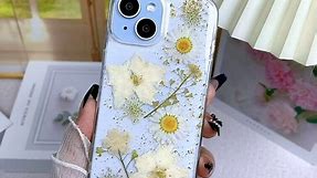 CEOKOK for iPhone 14 Plus/iPhone 15 Plus Case Clear with Real Pressed Flowers Design Glitter Cute Sparkly Floral Pattern Slim Soft TPU Protective Women Girl's Phone Cover (Gold)