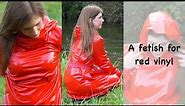Girl in red vinyl raincoat and black Hunter boots - Hunter wellies, vinyl coat, shiny clothes