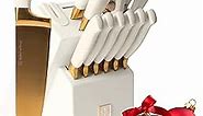 Gold Knife Set with Block Self Sharpening - 14 PC Luxurious Titanium Coated Gold and Off-White Kitchen Knife Set and White Knife Block with Sharpener, White and Gold Kitchen Accessories and Decor