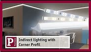 Indirect lighting: Plaster mouldings and cove lighting with LED strips and Corner Profile