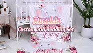Personalized Baby Crib Bedding Set - Custom Name Teddy Bear Pattern 3 Pcs Set - Soft Blanket with Double Layer Dotted Backing, Fitted Sheet, Room Rug for Newborns Boy Girl Shower Gifts