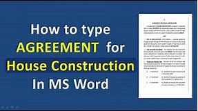 How to type Contract for House Construction in MS Word | Agreement format for House Construction