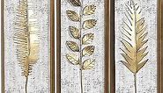 Deco 79 Metal Leaf Home Wall Decor Framed 3D Wall Sculpture with Distressed Wood Backing, Set of 3 Wall Art 12"W, 32"H, Gold