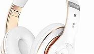 Bluetooth Headphones Over Ear, 6S Foldable Wireless Headphones with 6 EQ Modes, 40 Hours Playtime HiFi Stereo Headset with Mic, Soft Ear Pads, TF/FM for Cellphone/PC/Home (White & Gold)