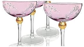 Colored Coupe Art Deco Glasses, Gold | Set of 4 | 8 oz Classic Cocktail Glassware for Champagne, Martini, Manhattan, Sidecar, Crystal Speakeasy Style Goblets Stems (Pink)