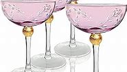 Colored Coupe Art Deco Glasses, Gold | Set of 4 | 8 oz Classic Cocktail Glassware for Champagne, Martini, Manhattan, Sidecar, Crystal Speakeasy Style Goblets Stems (Pink)