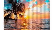 ZKJSMGS Ocean Beach Shower Curtain Sunset Sea Wave Palm Tree Sky Tropical Seaside Coastal Scenic Island Hawaiian Landscape Summer Fabric Bathroom Sets with Hooks,Orange Brown Blue