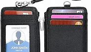 ID Badge Holder with Neck Lanyard PU Leather ID Badge Wallet Case with 1 ID Window, 4 Card Slots, 1 Side Zipper Pocket