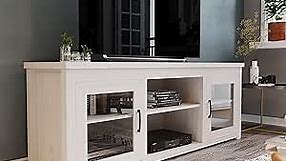 Flash Furniture Sheffield TV Stand up to 80" TVs - Modern White Wash Finish & Full Glass Doors - 65" Engineered Wood Frame - 3 Height Adjustable Shelves