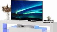 WLIVE LED TV Stand for 55/60/65/70 Inch TV, Modern Entertainment Center with Open Shelves, Wood TV Console with 2 Storage Drawers for Bedroom, Living Room, Gaming Media Stand with Display Glass, White