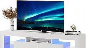 WLIVE LED TV Stand for 55/60/65/70 Inch TV, Modern Entertainment Center with Open Shelves, Wood TV Console with 2 Storage Drawers for Bedroom, Living Room, Gaming Media Stand with Display Glass, White