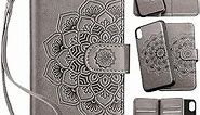 Vofolen Case for iPhone Xs Max Wallet Card Holder Slot Detachable Wrist Strap Hybrid Protective Slim Hard Shell Magnetic PU Leather Folio Pocket Flip Cover Case for iPhone Xs Max Mandala Grey
