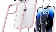 UniqueMe [5 in 1 Design for iPhone 14 Pro 6.1 inch Case, 2 Pack Screen Protector Tempered Glass + 2 Pack Camera Lens Protector, [Non-Yellowing] Shockproof Ultra Thin Protective Cover - Pink