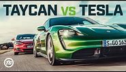Porsche Taycan Turbo S vs Tesla Model S: DRAG RACE, FULL REVIEW AND VMAX | Top Gear