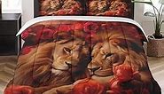 WeCozy Comforter Set King Size with 2 Pillowcases, Wild Lion Animal King Brother Bedding Set for Kids and Adults, Red Rose Lover Soft Comforter Set for Bedroom Bed Decor