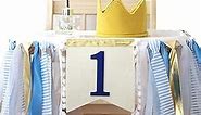 Baby Boy 1st Birthday Party Decorations by innerspark, Blue and Gold set, Ribbon High Chair Banner, Birthday crown hat, Gold Cake Topper