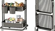 DTK 2 Tier Foldable Rolling Cart, Metal Utility Cart with Lockable Wheels, Folding Storage Trolley for Living Room, Kitchen, Bathroom, Bedroom and Office, Black