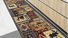 HR Cabin Collection 906-Nature and Animals Area Rug Runner Contemporary Geometric Design Fish/Moose/Bear/Lodge-Southwestern Design-Ivory/Red/Green and Multi